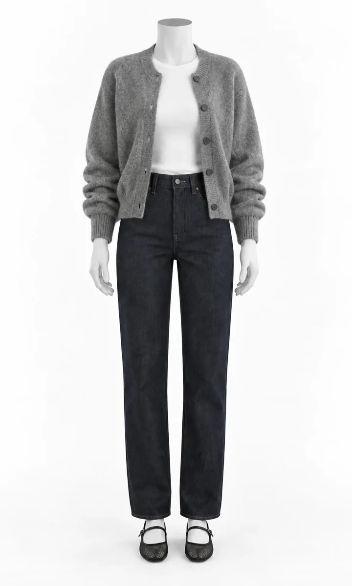 The same dark jeans with a grey cardigan and white tee