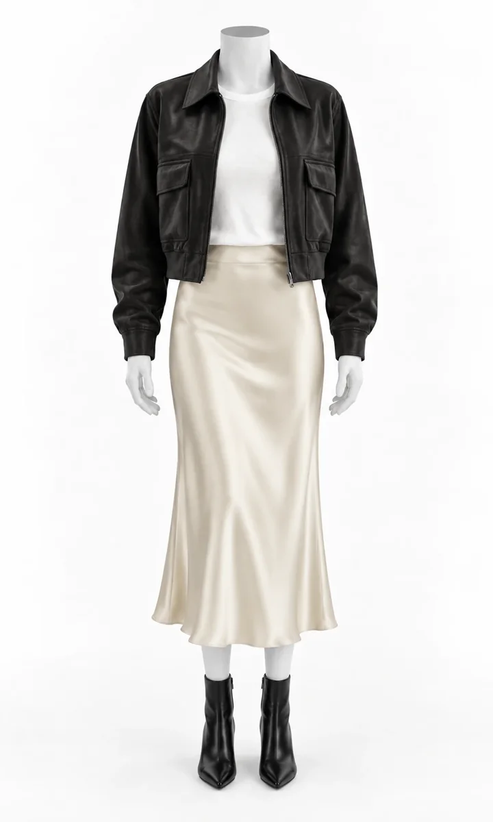 A black leather jacket styled with your white tee, champagne satin skirt and black boots