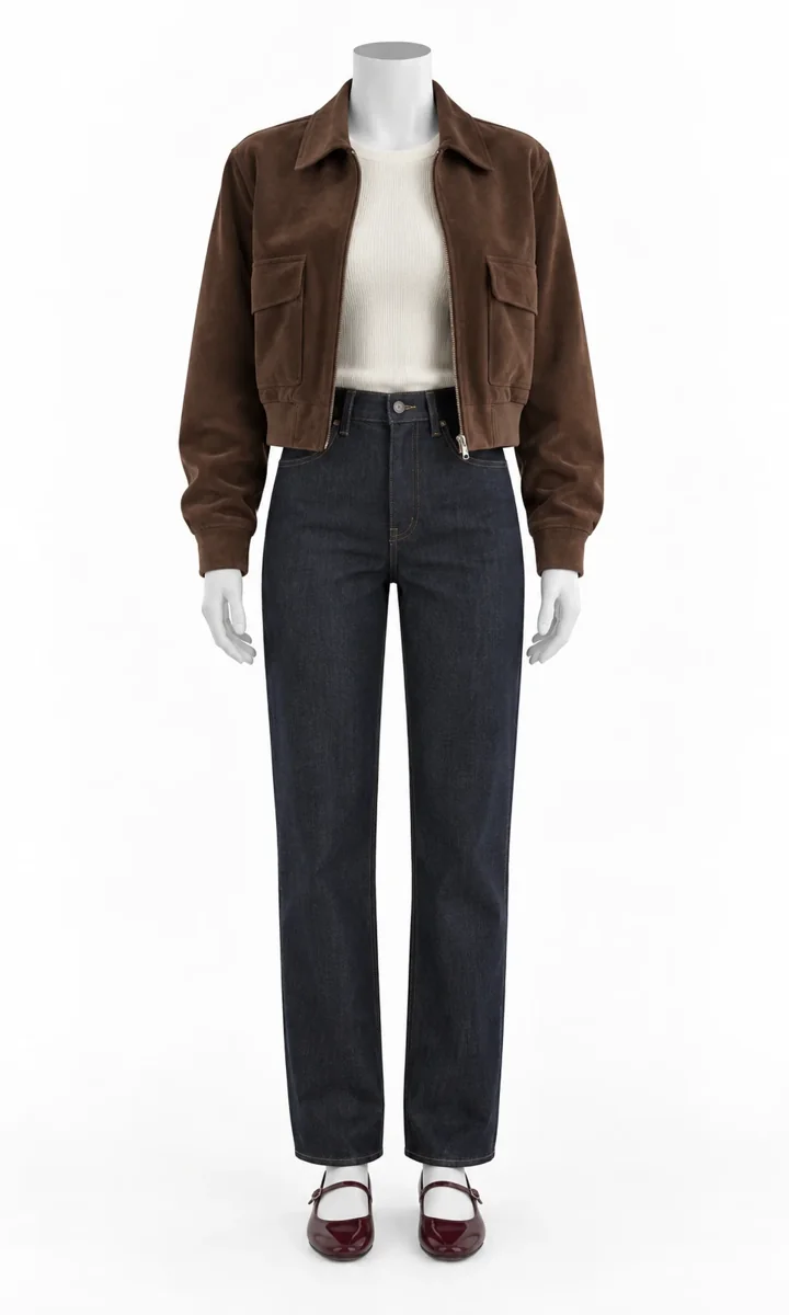 Dark jeans with a suede jacket and cream tee