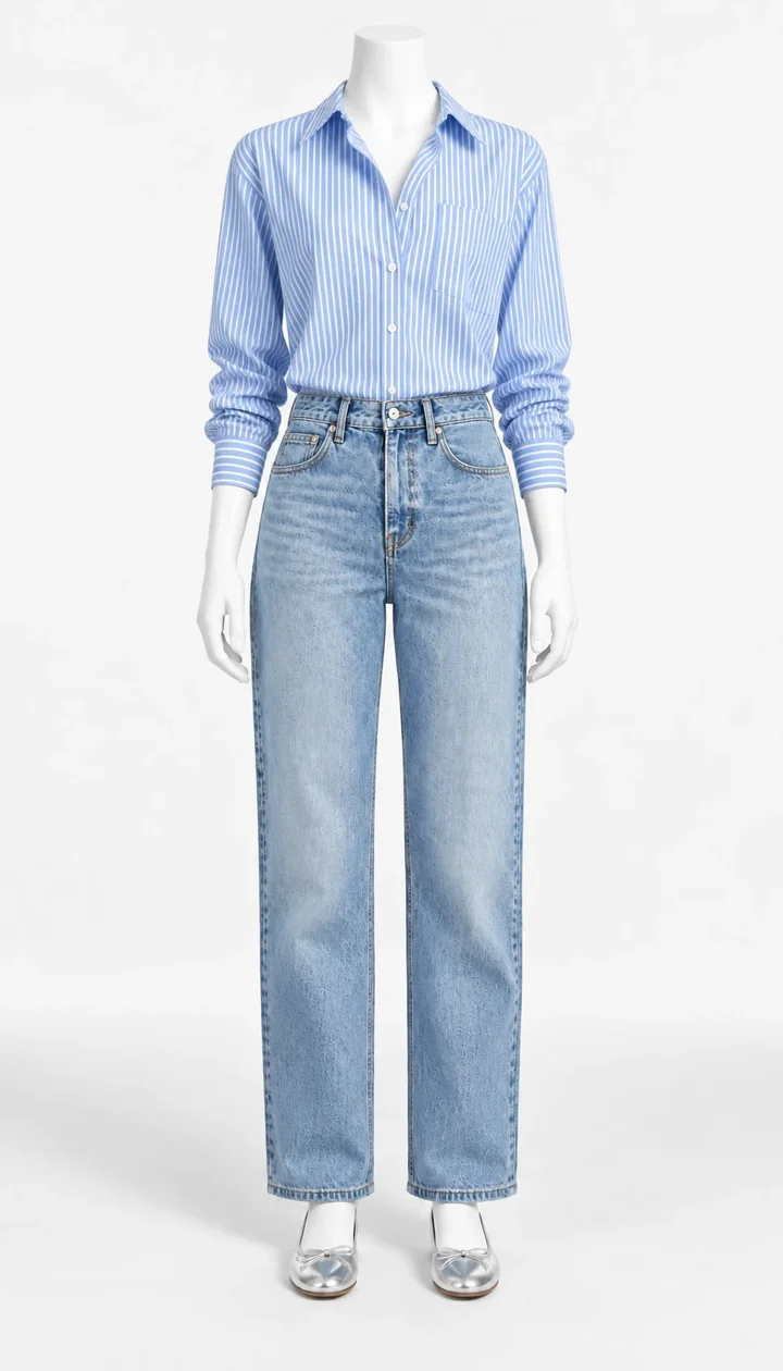 The striped shirt with your light jeans and silver flats