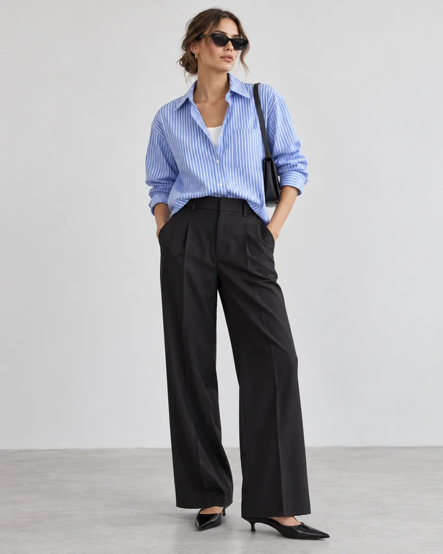 A model wearing a blue striped shirt with black wide trousers and heels